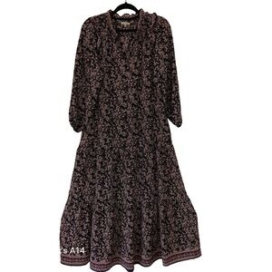Max Studio Maxi Dress S Black Floral Ruffle Collar Tiered Boho Style Liquit Knit